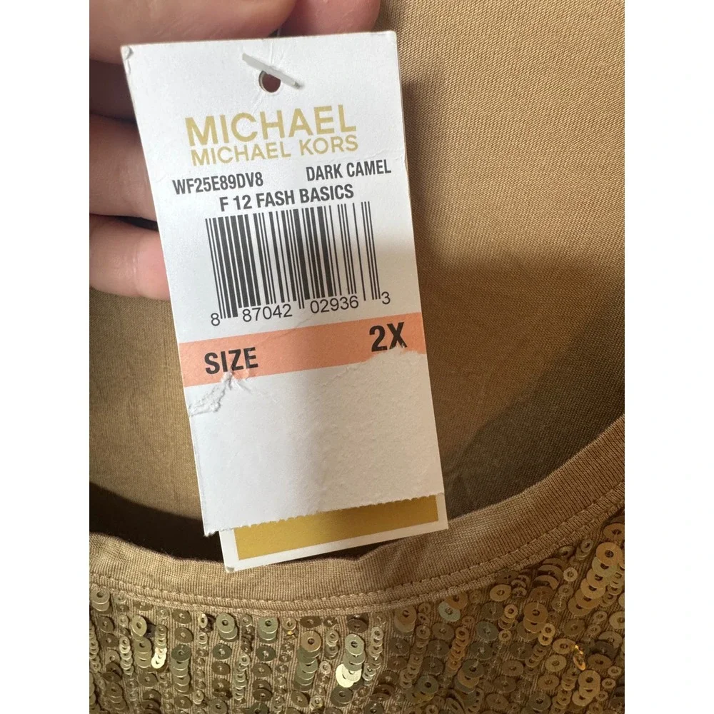Michael Kors Dark Camel Gold Sequin Front Short Sleeve‎ Top